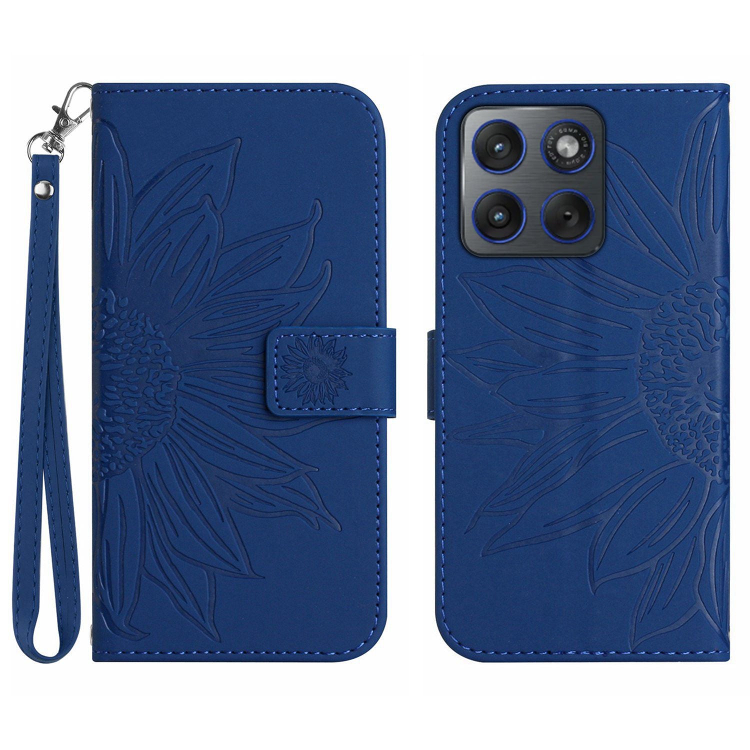 For Motorola Edge 70 5G Case Sunflower Imprint Leather Wallet Phone Cover with Wrist Strap - Sapphire