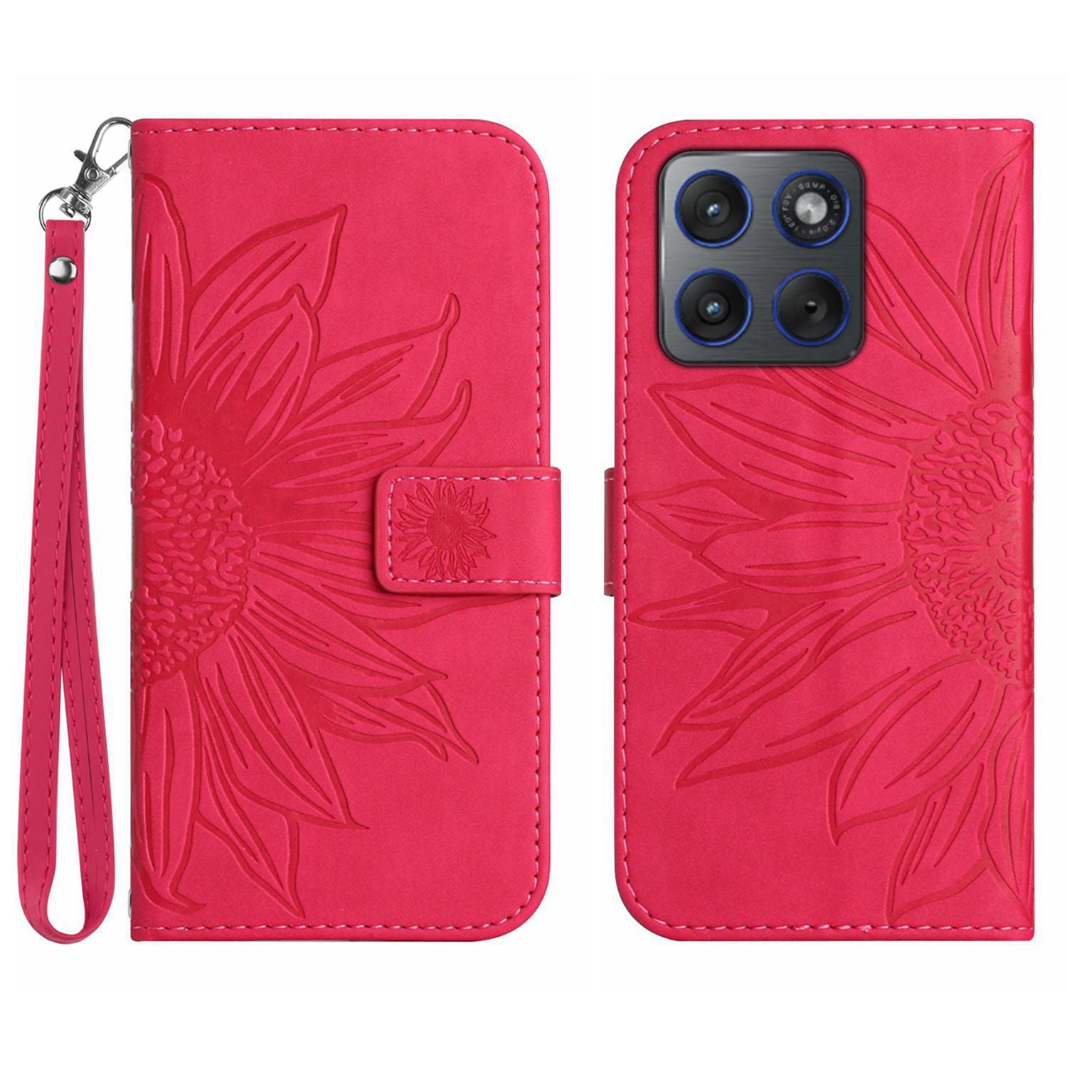 For Motorola Edge 70 5G Case Sunflower Imprint Leather Wallet Phone Cover with Wrist Strap - Rose