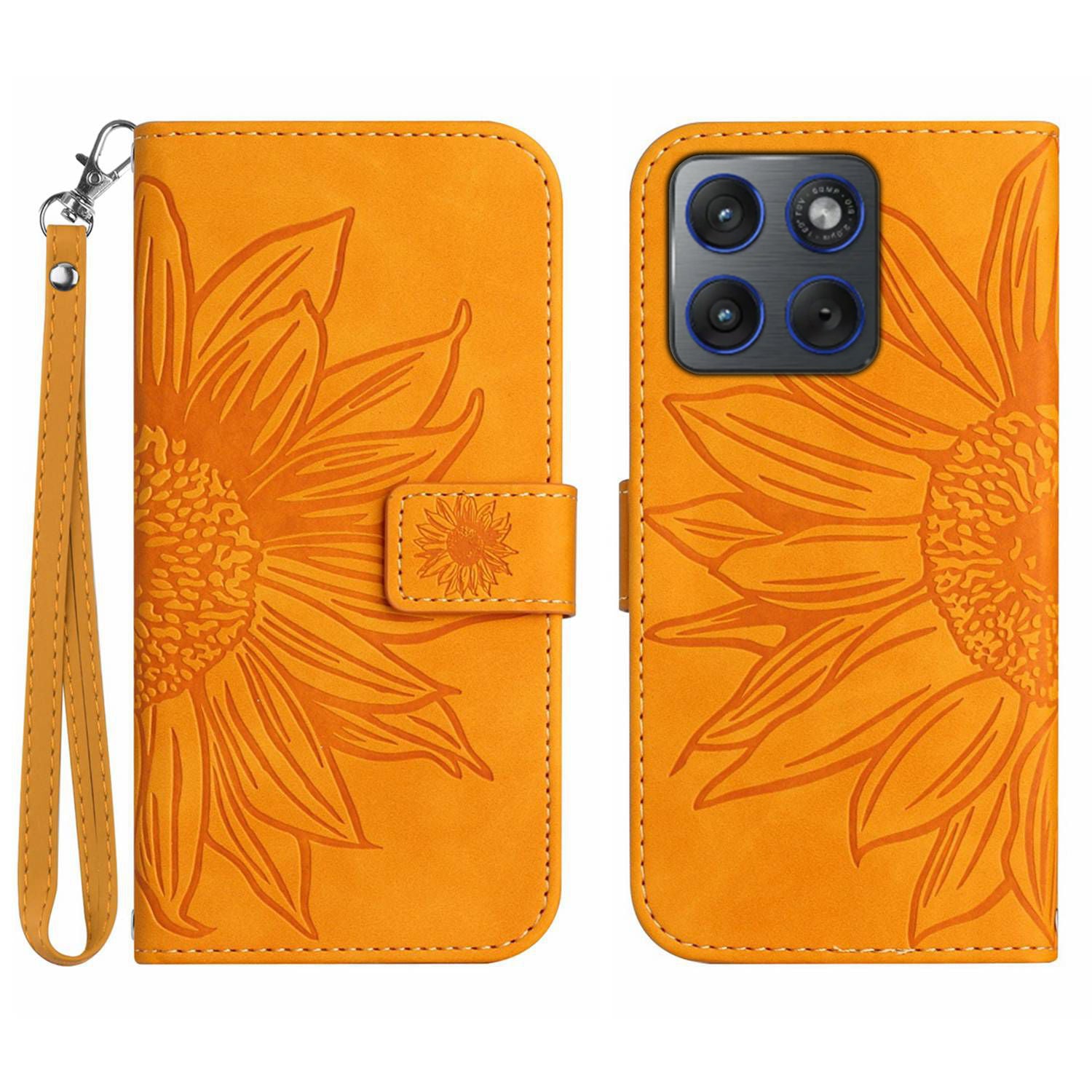 For Motorola Edge 70 5G Case Sunflower Imprint Leather Wallet Phone Cover with Wrist Strap - Yellow