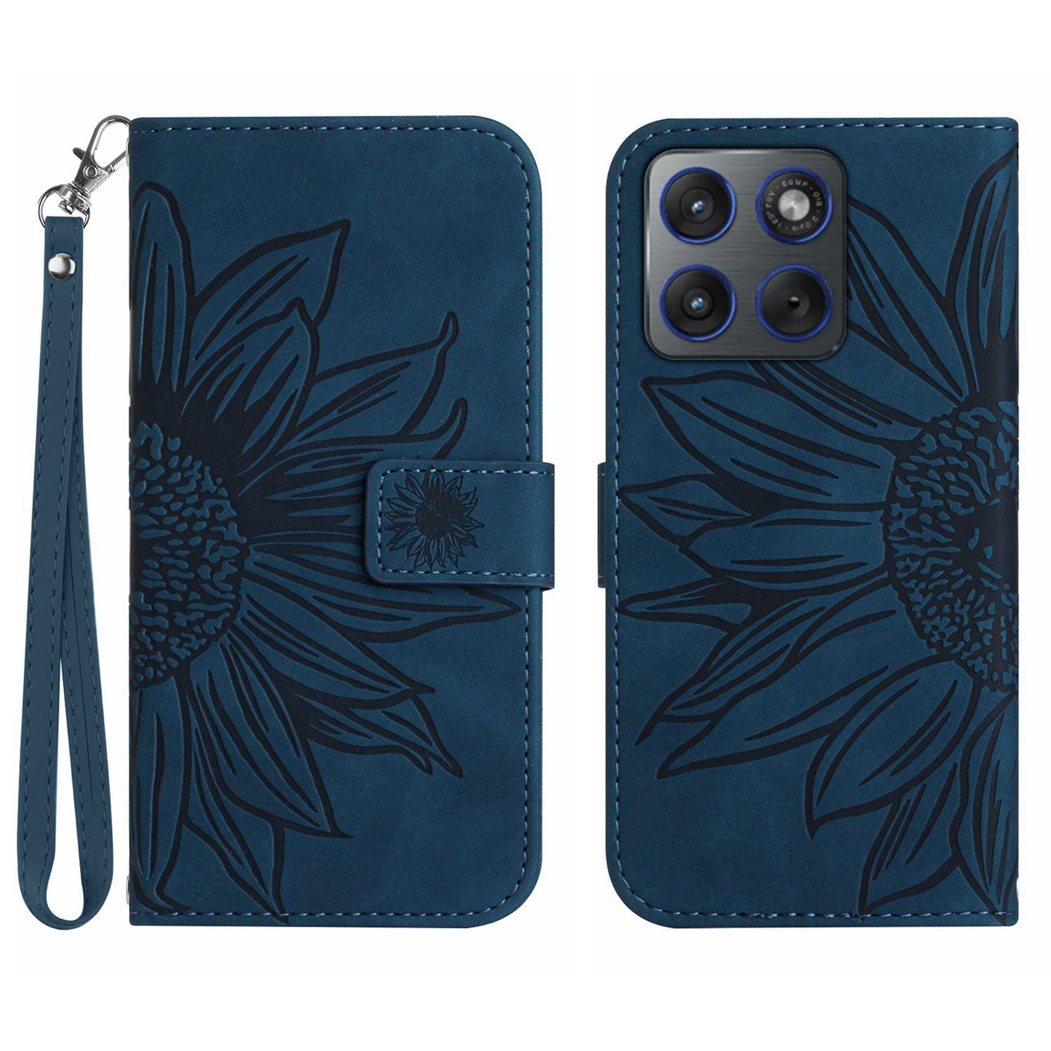 For Motorola Edge 70 5G Case Sunflower Imprint Leather Wallet Phone Cover with Wrist Strap - Dark Blue