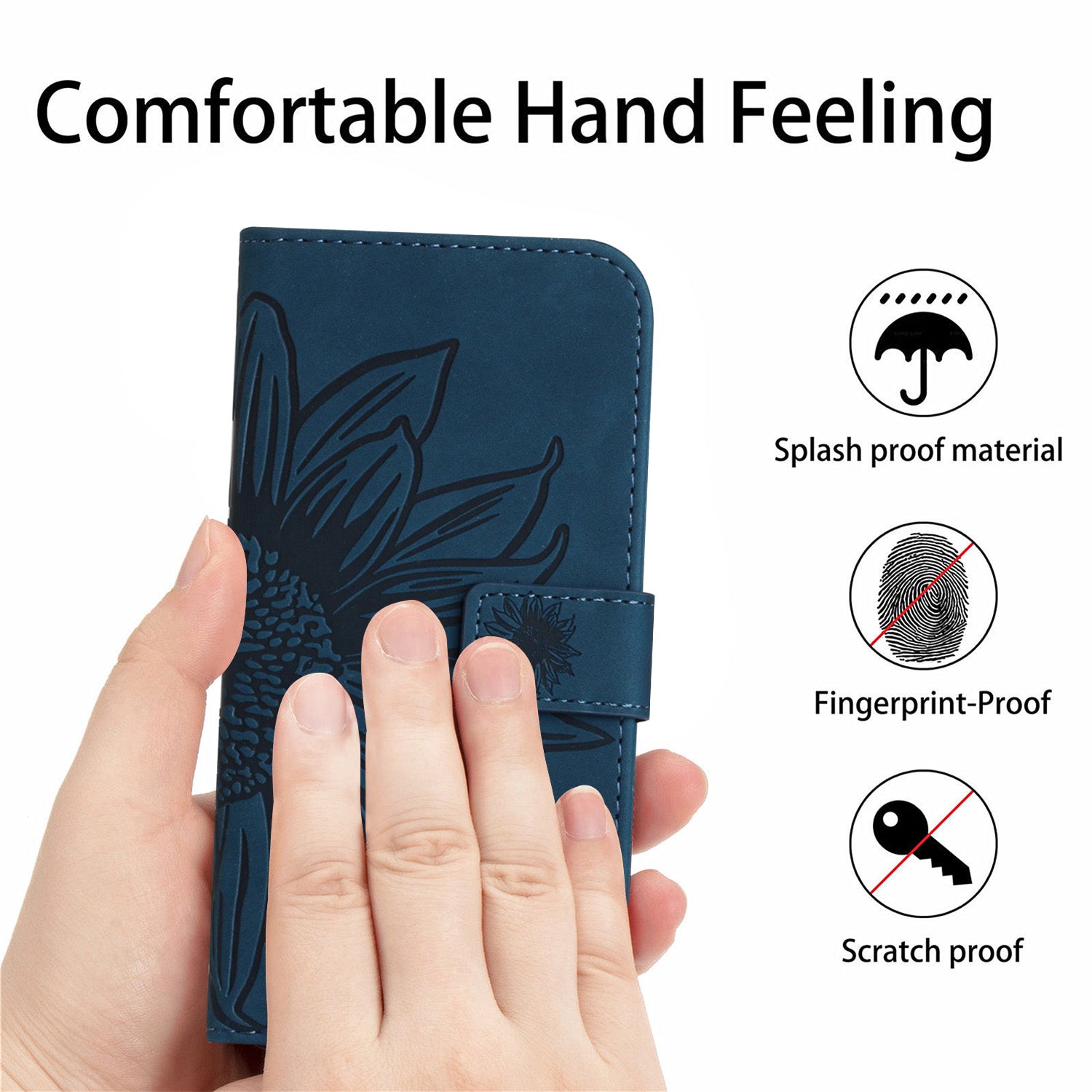 For Motorola Edge 70 5G Case Sunflower Imprint Leather Wallet Phone Cover with Wrist Strap - Dark Blue