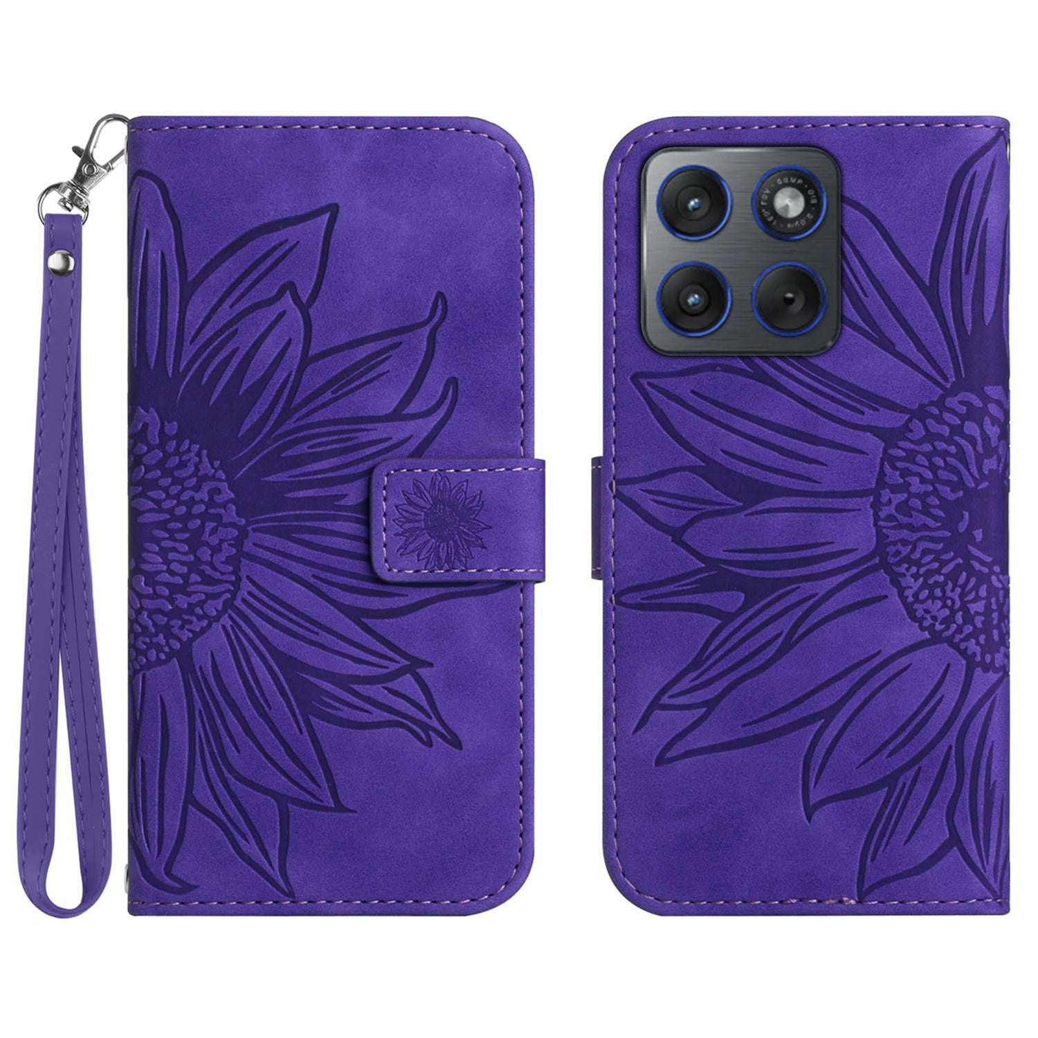 For Motorola Edge 70 5G Case Sunflower Imprint Leather Wallet Phone Cover with Wrist Strap - Dark Purple