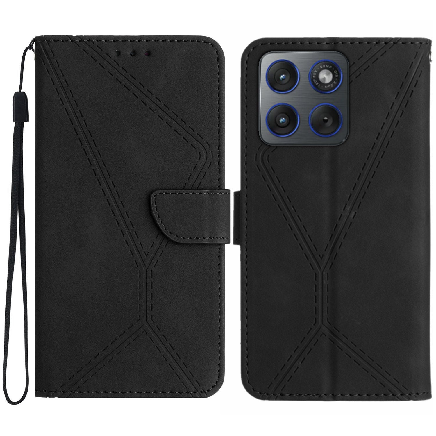 For Motorola Edge 70 5G Case Skin Touch Lines Imprinted PU Leather Flip Phone Cover - Black