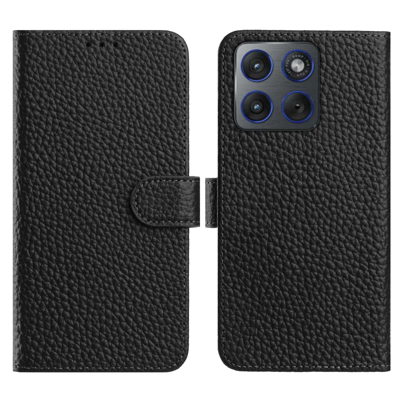 For Motorola Edge 70 5G Case Wallet Stand Litchi Texture Genuine Cow Leather Flip Phone Cover - Black