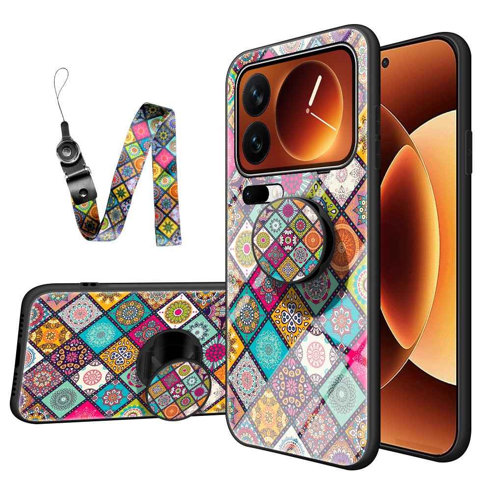 For Xiaomi 17 Pro Case Kickstand Ethnic Pattern Tempered Glass Phone Cover with Strap - Checkered Pattern