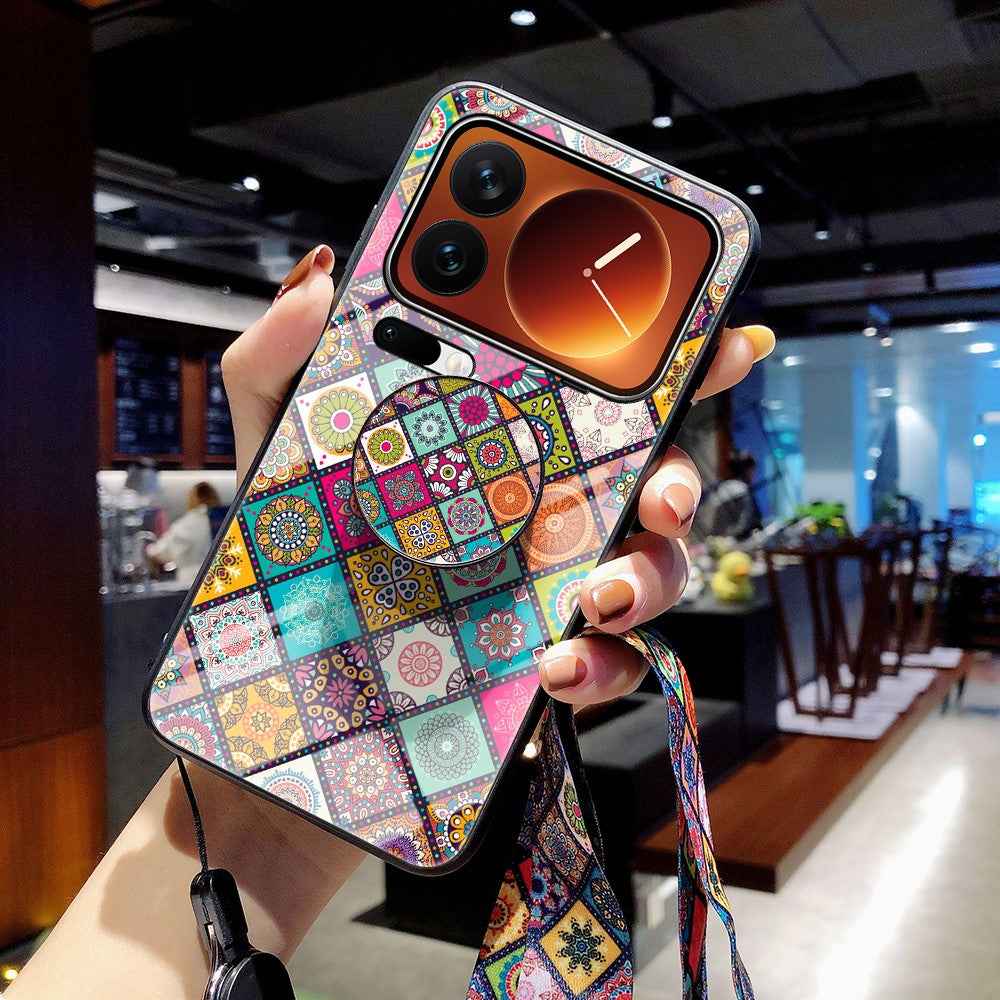 For Xiaomi 17 Pro Case Kickstand Ethnic Pattern Tempered Glass Phone Cover with Strap - Checkered Pattern