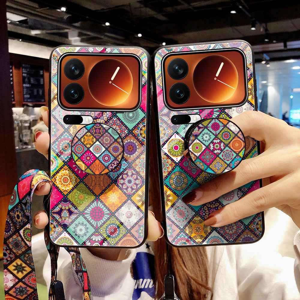 For Xiaomi 17 Pro Case Kickstand Ethnic Pattern Tempered Glass Phone Cover with Strap - Checkered Pattern