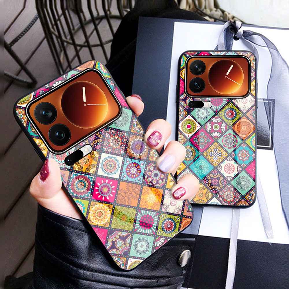 For Xiaomi 17 Pro Case Kickstand Ethnic Pattern Tempered Glass Phone Cover with Strap - Checkered Pattern