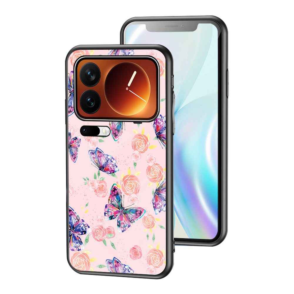 For Xiaomi 17 Pro Case Butterfly Pattern TPU + Tempered Glass Protective Phone Cover - Rose Butterfly