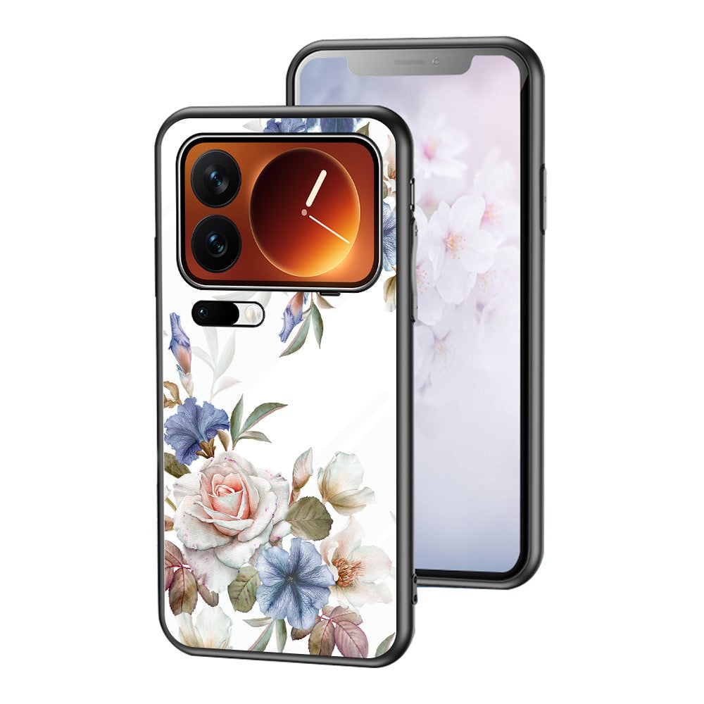 Phone Case For Xiaomi 17 Pro Max Floral Pattern TPU + Tempered Glass Protective Cover - White Flower Bush