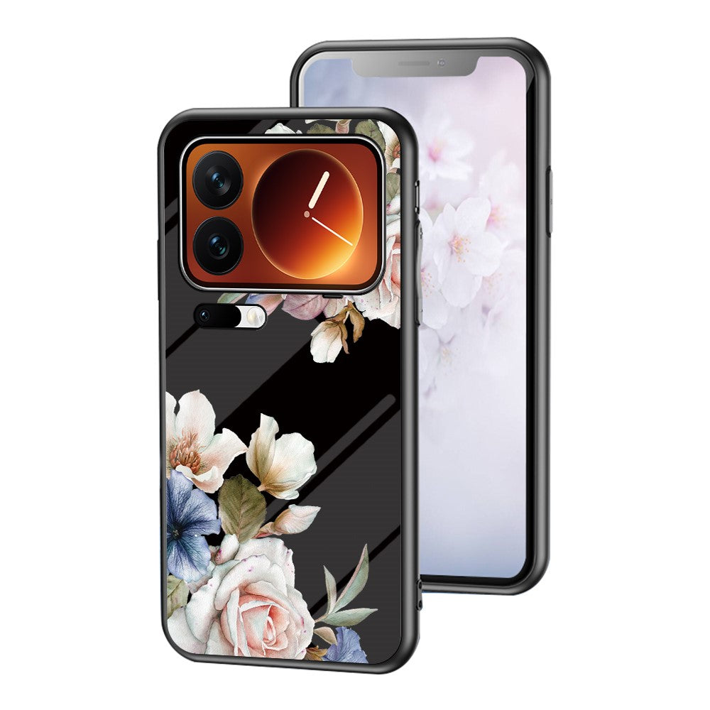 Phone Case For Xiaomi 17 Pro Max Floral Pattern TPU + Tempered Glass Protective Cover - Black Flower Bush