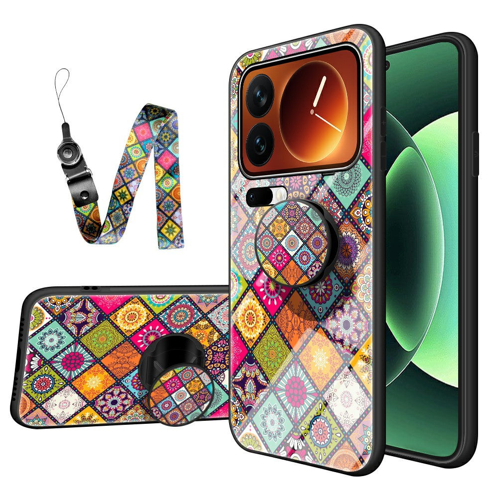 For Xiaomi 17 Pro Max Case Kickstand Ethnic Pattern Tempered Glass Phone Cover with Strap - Checkered Pattern