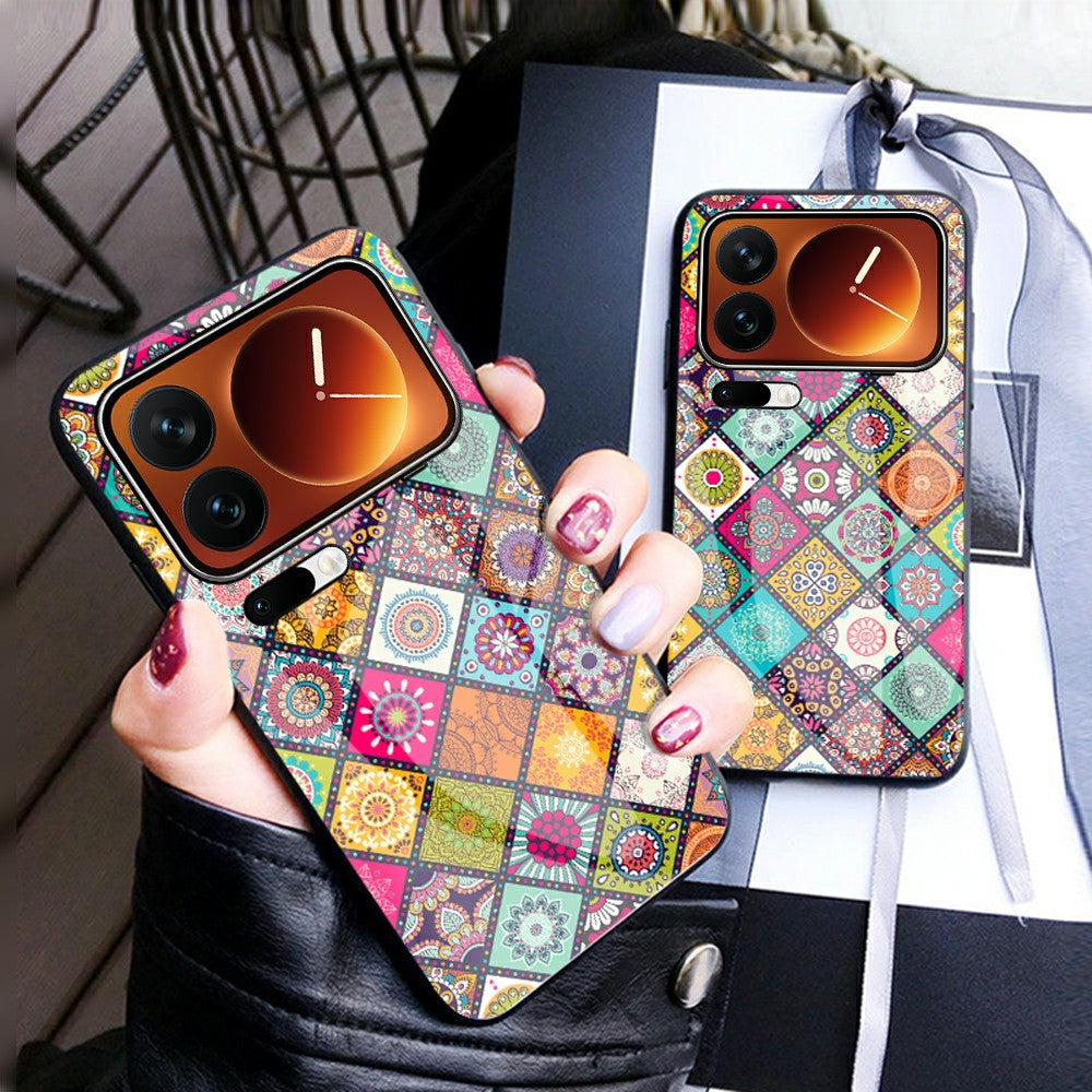 For Xiaomi 17 Pro Max Case Kickstand Ethnic Pattern Tempered Glass Phone Cover with Strap - Checkered Pattern