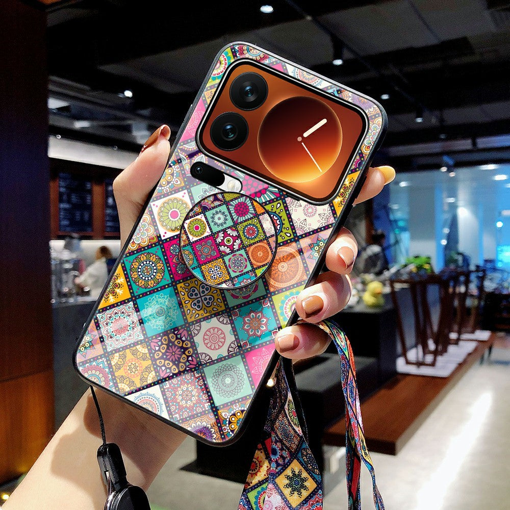 For Xiaomi 17 Pro Max Case Kickstand Ethnic Pattern Tempered Glass Phone Cover with Strap - Color Pattern