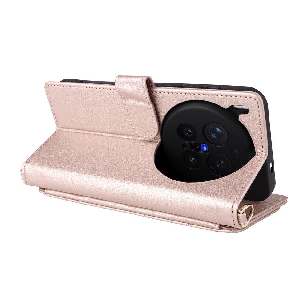 For vivo X300 Pro 5G Leather Case Stand Wallet Phone Cover with Shoulder / Wrist Strap - Pink