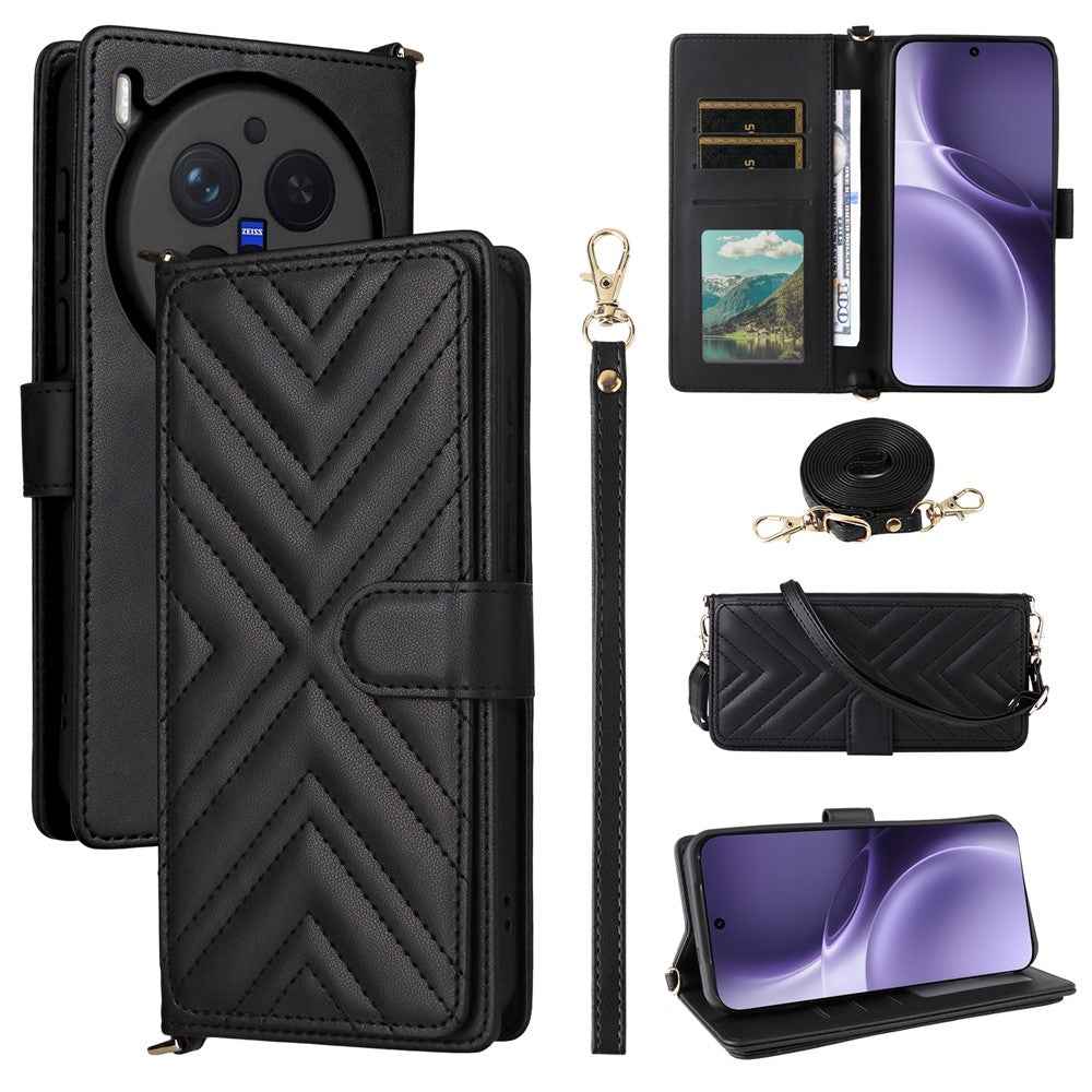 For vivo X300 Pro 5G Leather Case Stand Wallet Phone Cover with Shoulder / Wrist Strap - Black