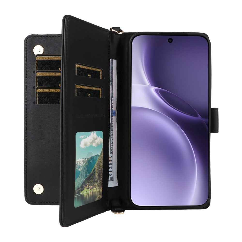 For vivo X300 Pro 5G Leather Case Stand Wallet Phone Cover with Shoulder / Wrist Strap - Black