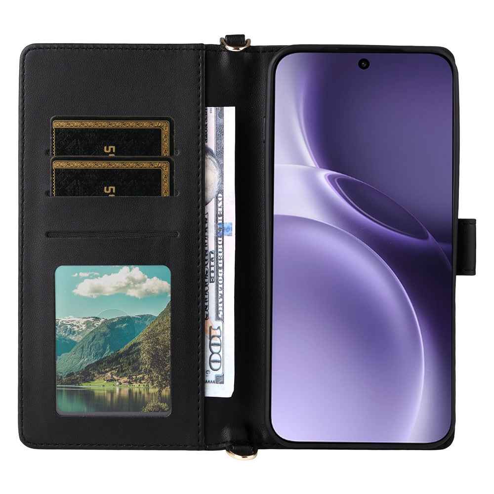For vivo X300 Pro 5G Leather Case Stand Wallet Phone Cover with Shoulder / Wrist Strap - Black