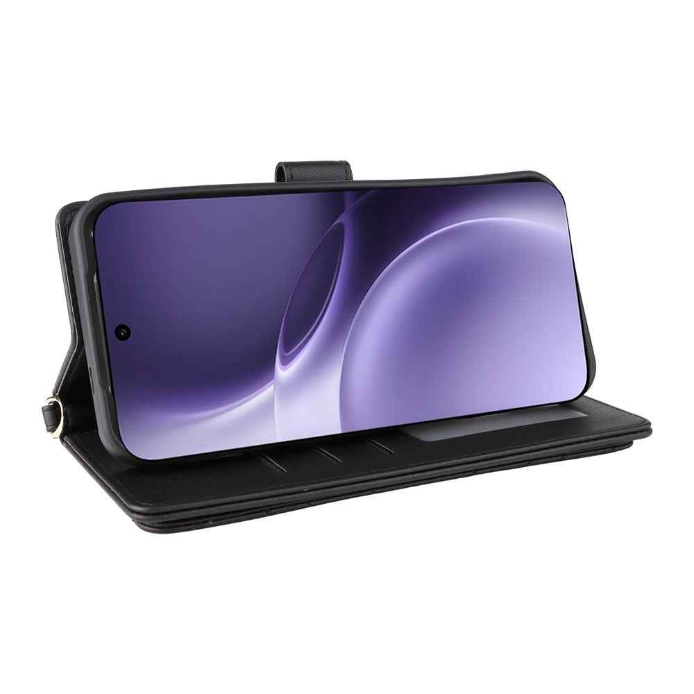 For vivo X300 Pro 5G Leather Case Stand Wallet Phone Cover with Shoulder / Wrist Strap - Black