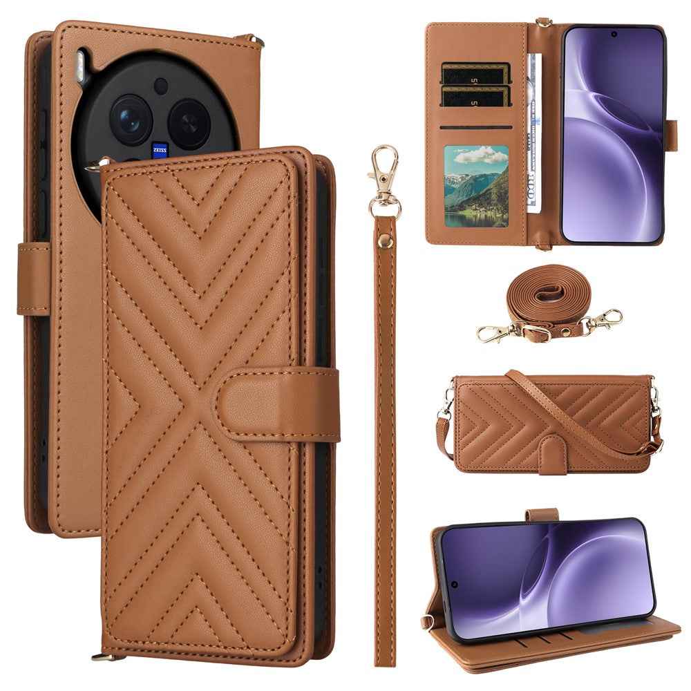For vivo X300 Pro 5G Leather Case Stand Wallet Phone Cover with Shoulder / Wrist Strap - Brown