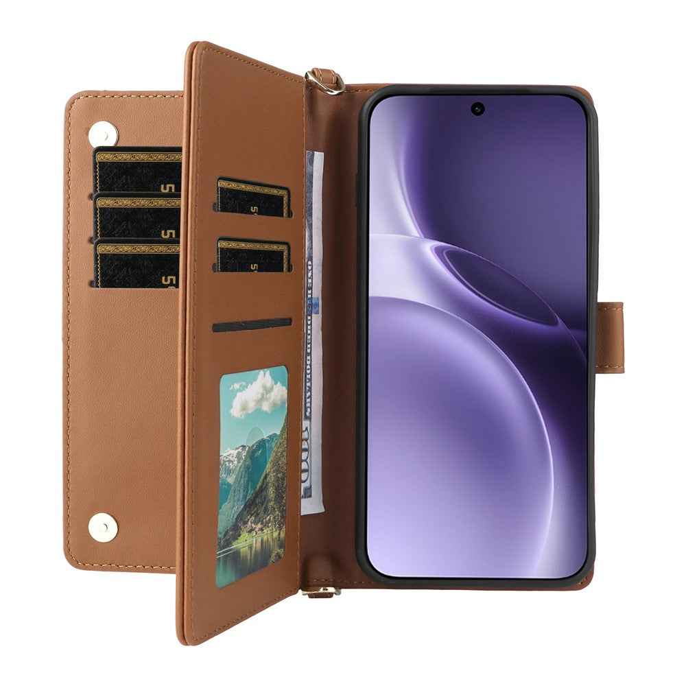 For vivo X300 Pro 5G Leather Case Stand Wallet Phone Cover with Shoulder / Wrist Strap - Brown