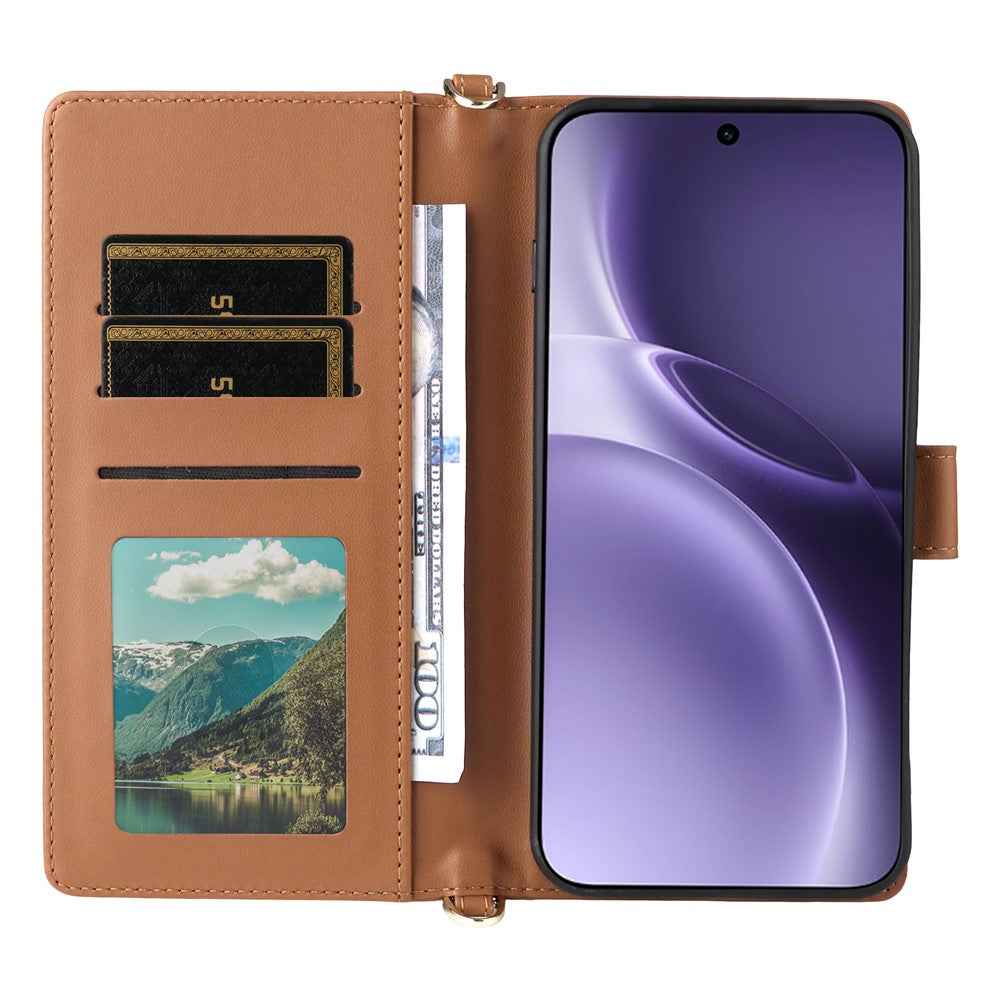 For vivo X300 Pro 5G Leather Case Stand Wallet Phone Cover with Shoulder / Wrist Strap - Brown