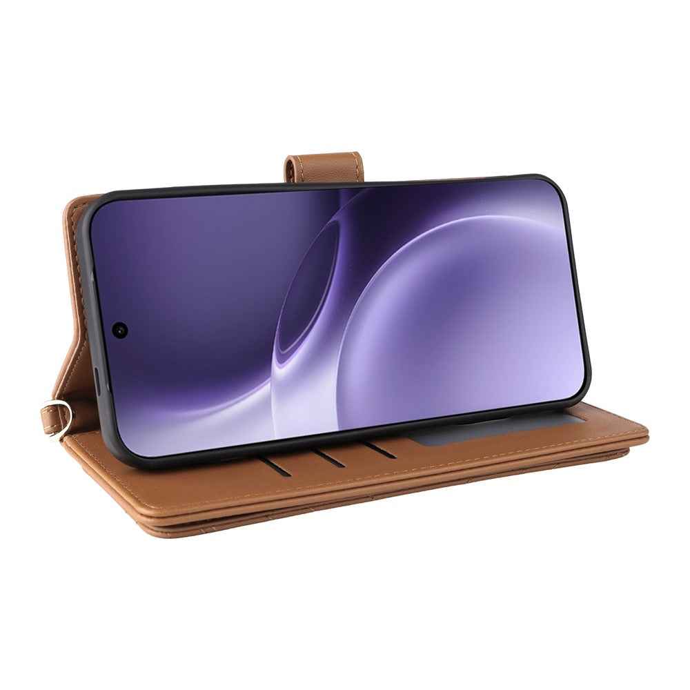 For vivo X300 Pro 5G Leather Case Stand Wallet Phone Cover with Shoulder / Wrist Strap - Brown