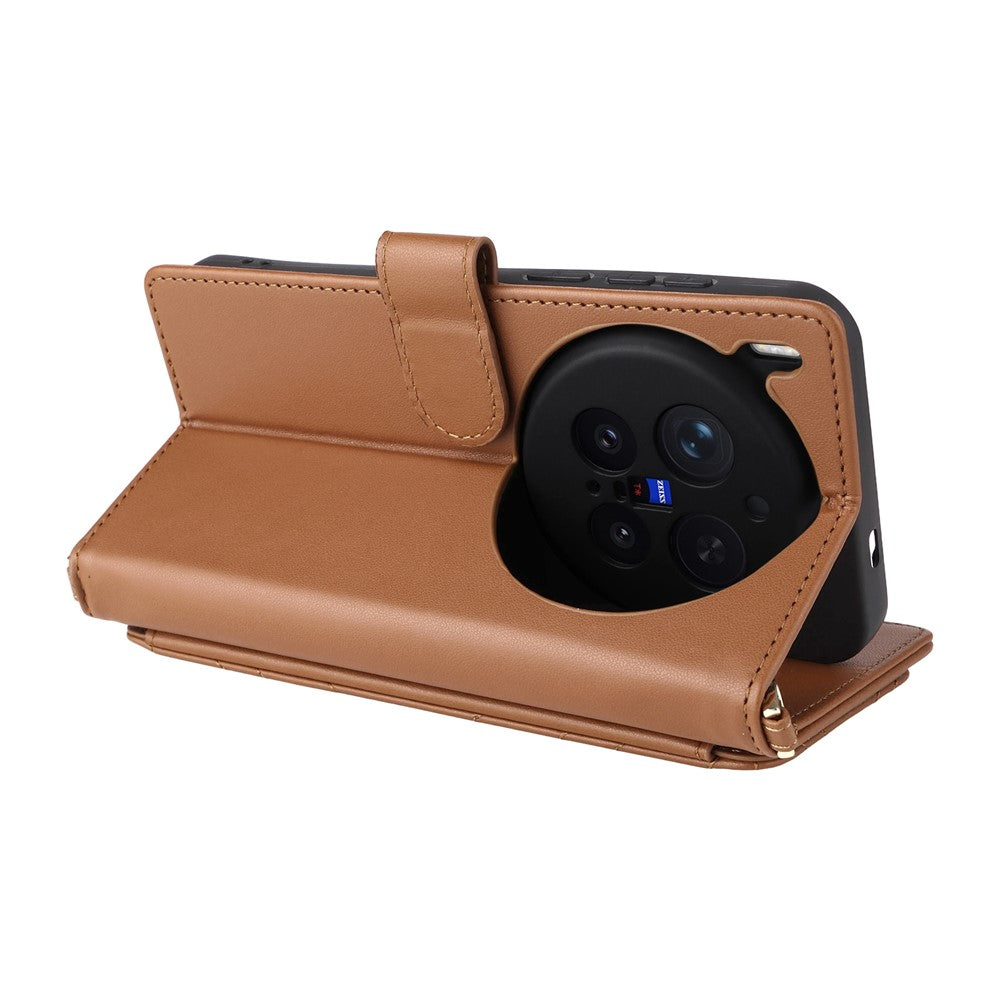 For vivo X300 Pro 5G Leather Case Stand Wallet Phone Cover with Shoulder / Wrist Strap - Brown