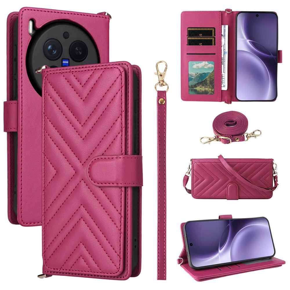 For vivo X300 Pro 5G Leather Case Stand Wallet Phone Cover with Shoulder / Wrist Strap - Rose