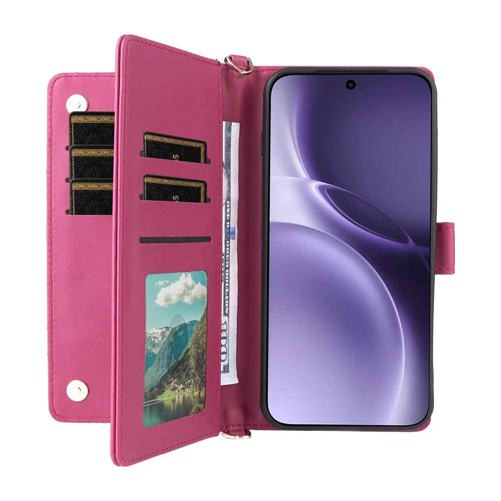 For vivo X300 Pro 5G Leather Case Stand Wallet Phone Cover with Shoulder / Wrist Strap - Rose