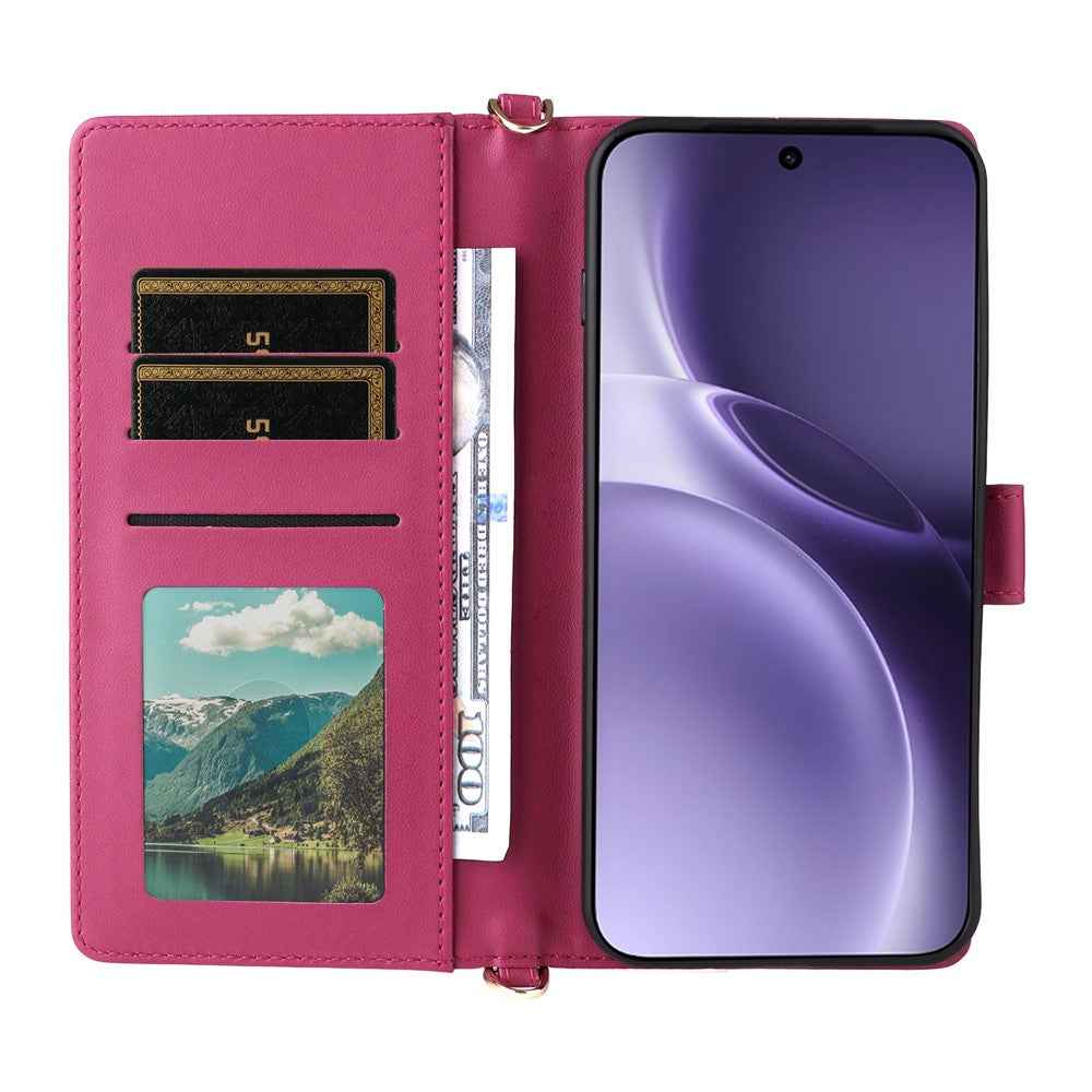 For vivo X300 Pro 5G Leather Case Stand Wallet Phone Cover with Shoulder / Wrist Strap - Rose