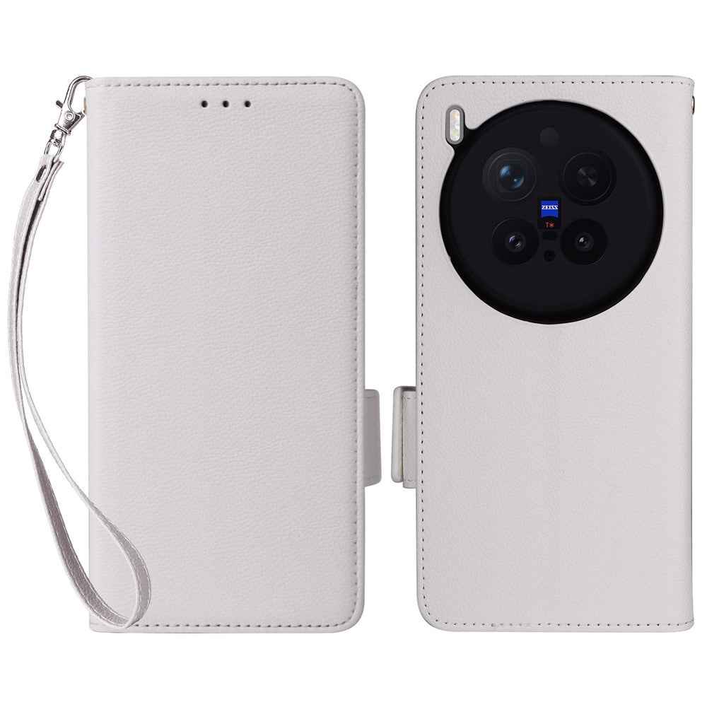 For vivo X300 Pro 5G Case Litchi Texture Wallet Leather Phone Cover with Wrist Strap - White