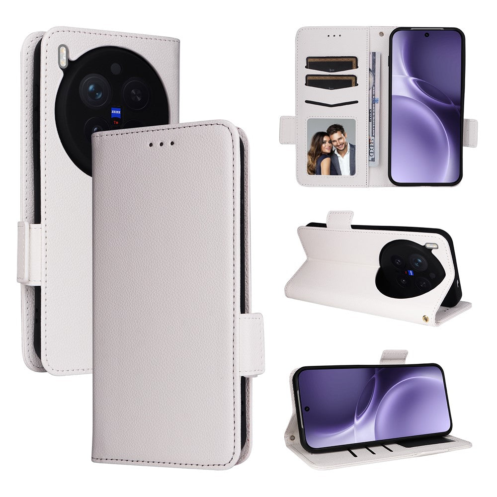For vivo X300 Pro 5G Case Litchi Texture Wallet Leather Phone Cover with Wrist Strap - White