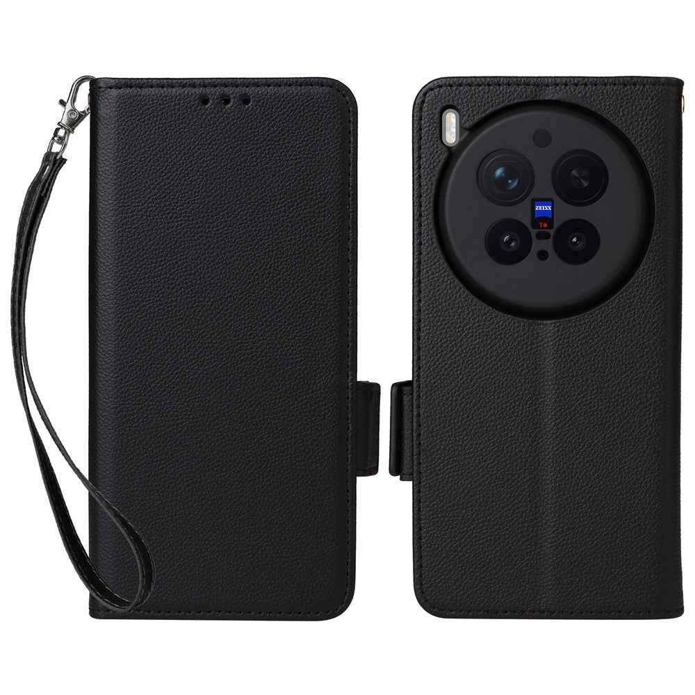 For vivo X300 Pro 5G Case Litchi Texture Wallet Leather Phone Cover with Wrist Strap - Black