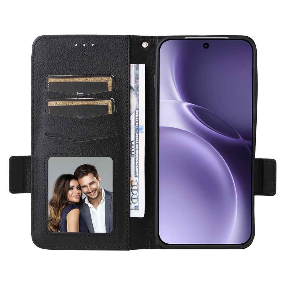 For vivo X300 Pro 5G Case Litchi Texture Wallet Leather Phone Cover with Wrist Strap - Black
