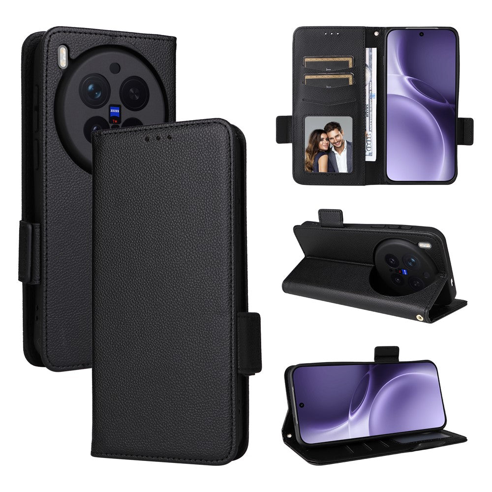 For vivo X300 Pro 5G Case Litchi Texture Wallet Leather Phone Cover with Wrist Strap - Black