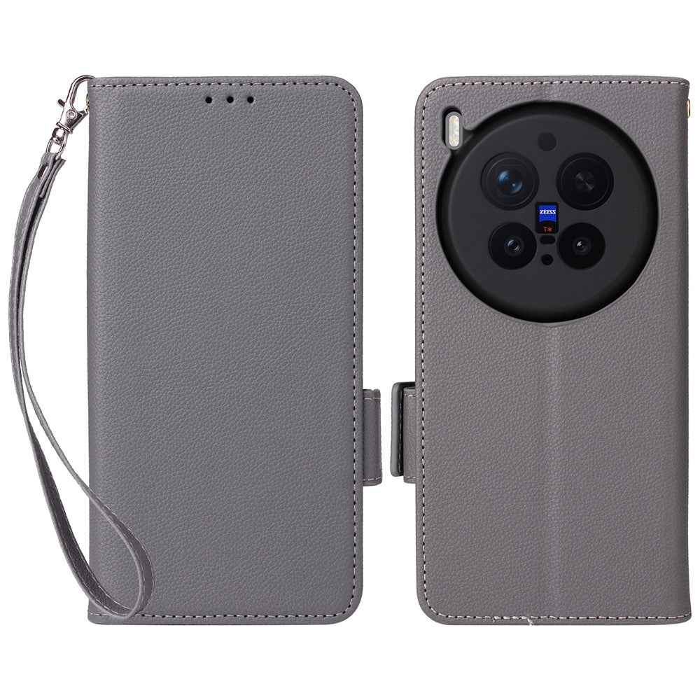 For vivo X300 Pro 5G Case Litchi Texture Wallet Leather Phone Cover with Wrist Strap - Grey