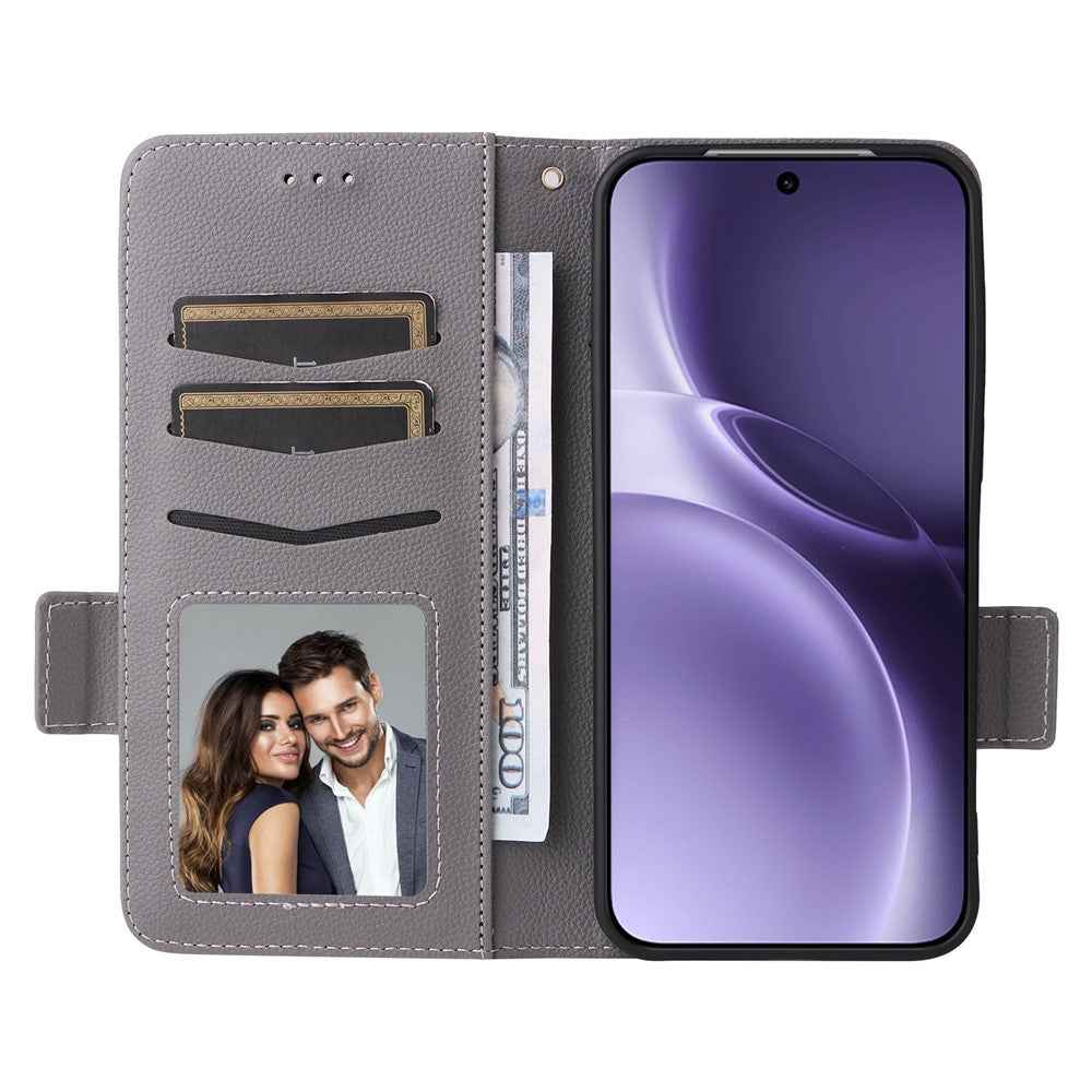 For vivo X300 Pro 5G Case Litchi Texture Wallet Leather Phone Cover with Wrist Strap - Grey