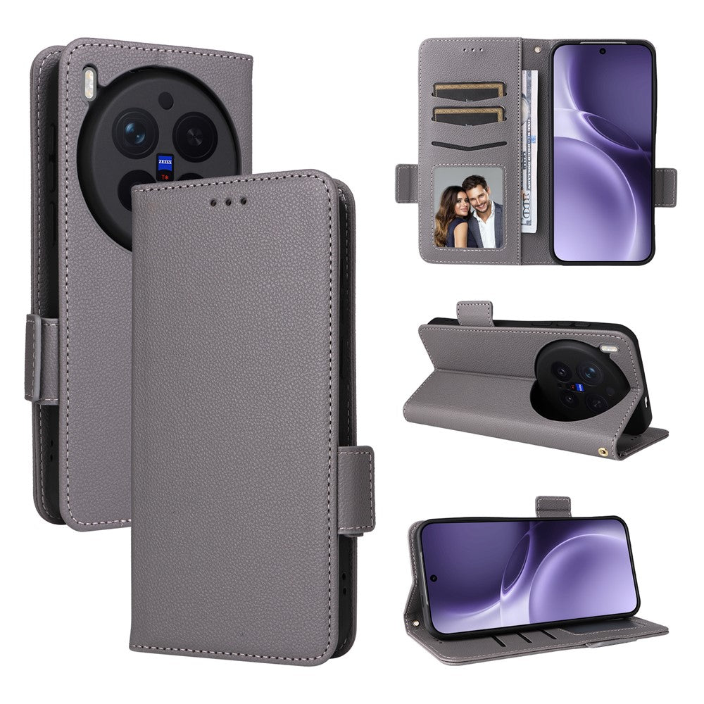 For vivo X300 Pro 5G Case Litchi Texture Wallet Leather Phone Cover with Wrist Strap - Grey
