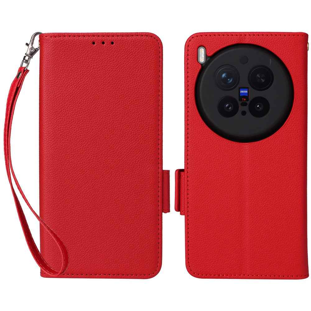 For vivo X300 Pro 5G Case Litchi Texture Wallet Leather Phone Cover with Wrist Strap - Red