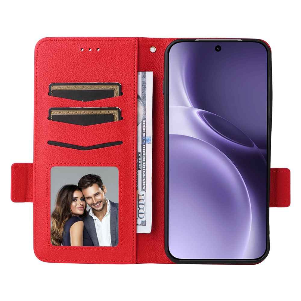 For vivo X300 Pro 5G Case Litchi Texture Wallet Leather Phone Cover with Wrist Strap - Red