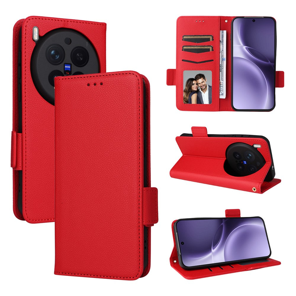 For vivo X300 Pro 5G Case Litchi Texture Wallet Leather Phone Cover with Wrist Strap - Red