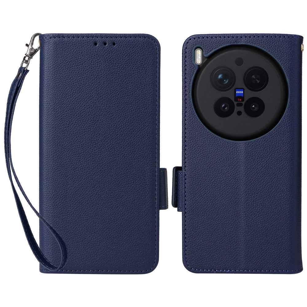 For vivo X300 Pro 5G Case Litchi Texture Wallet Leather Phone Cover with Wrist Strap - Dark Blue