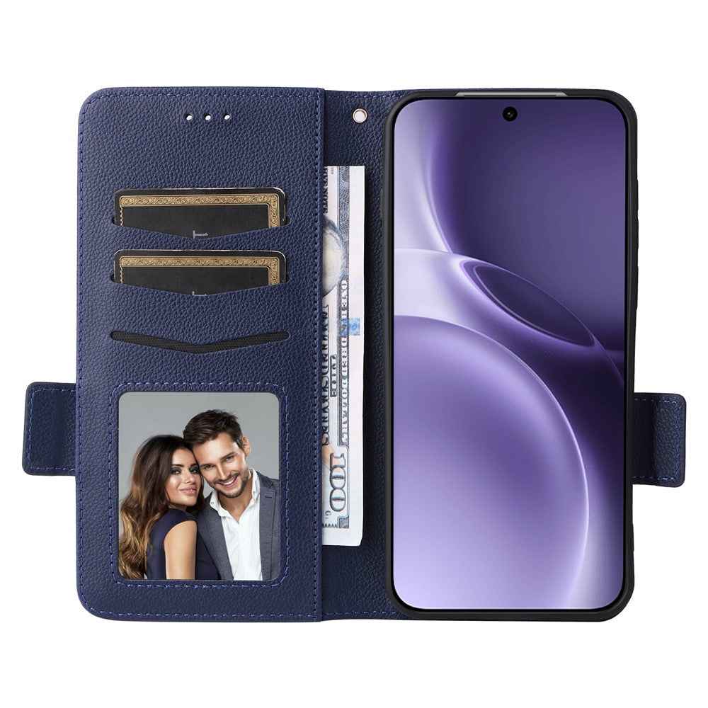 For vivo X300 Pro 5G Case Litchi Texture Wallet Leather Phone Cover with Wrist Strap - Dark Blue