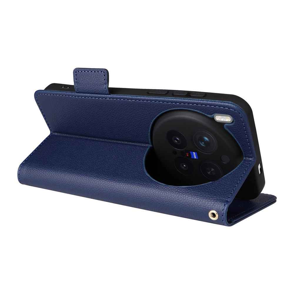 For vivo X300 Pro 5G Case Litchi Texture Wallet Leather Phone Cover with Wrist Strap - Dark Blue