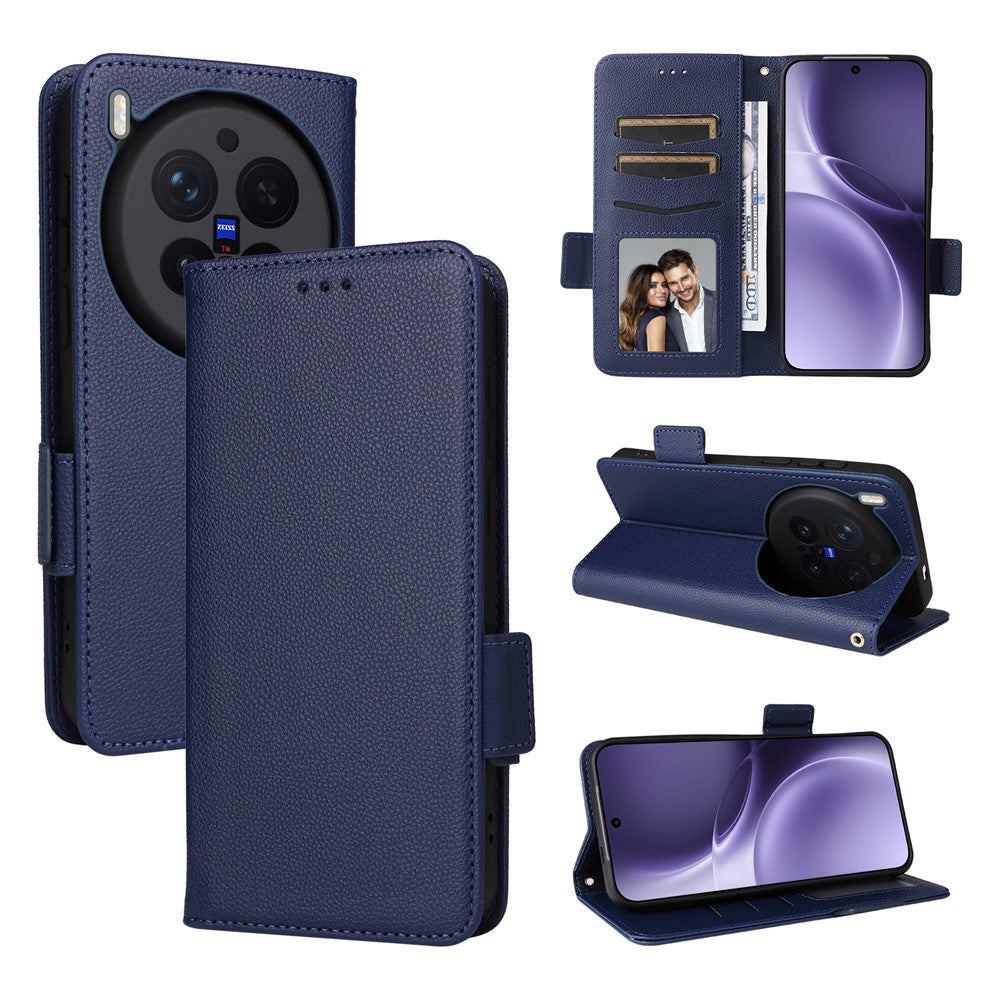 For vivo X300 Pro 5G Case Litchi Texture Wallet Leather Phone Cover with Wrist Strap - Dark Blue