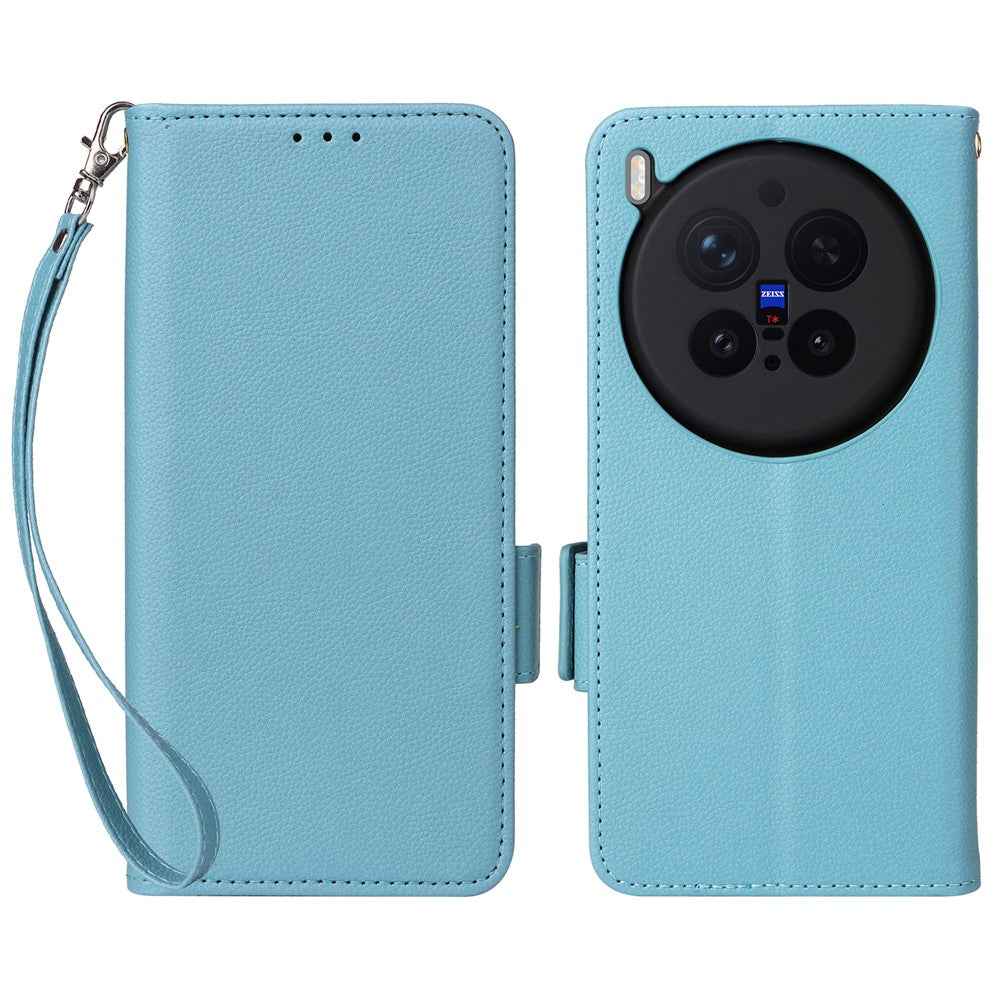 For vivo X300 Pro 5G Case Litchi Texture Wallet Leather Phone Cover with Wrist Strap - Baby Blue