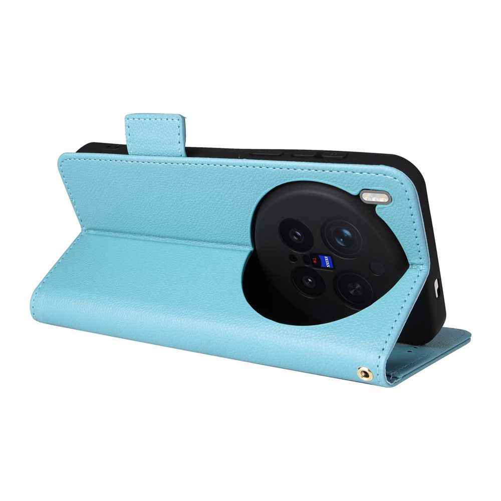 For vivo X300 Pro 5G Case Litchi Texture Wallet Leather Phone Cover with Wrist Strap - Baby Blue