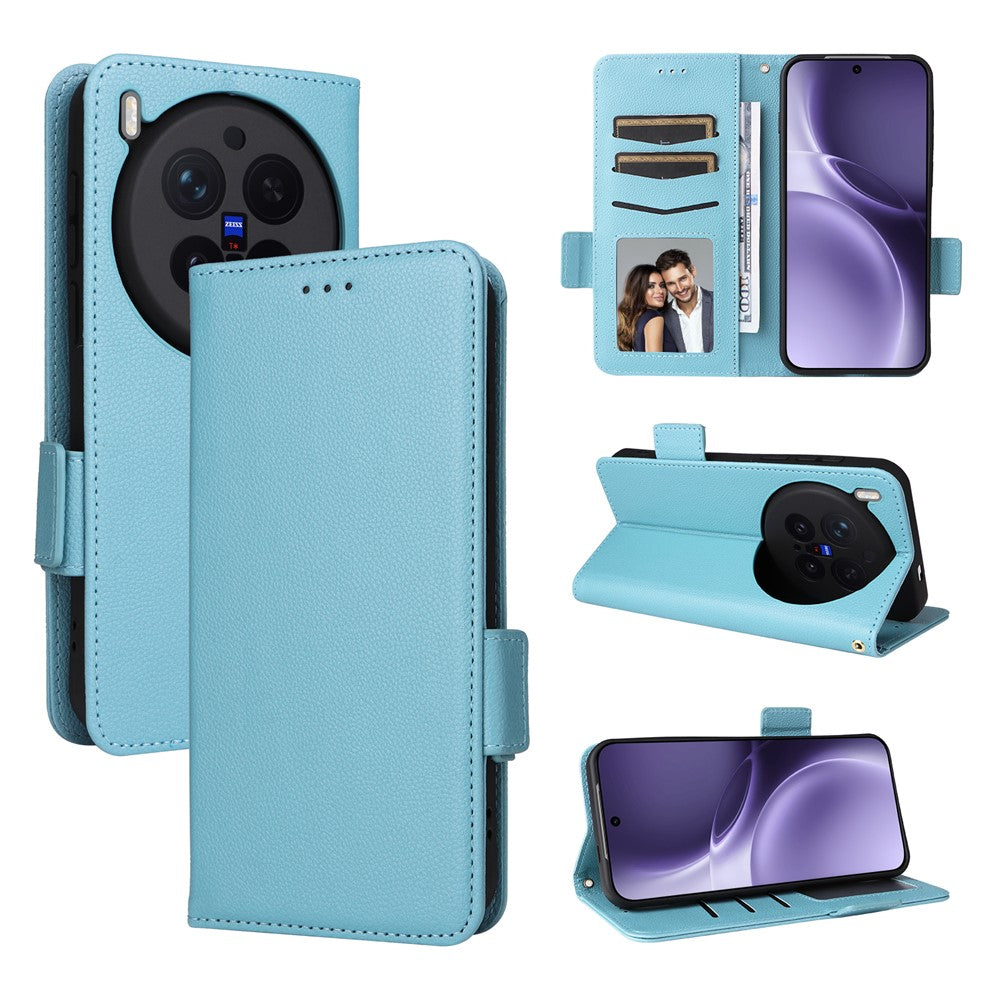 For vivo X300 Pro 5G Case Litchi Texture Wallet Leather Phone Cover with Wrist Strap - Baby Blue