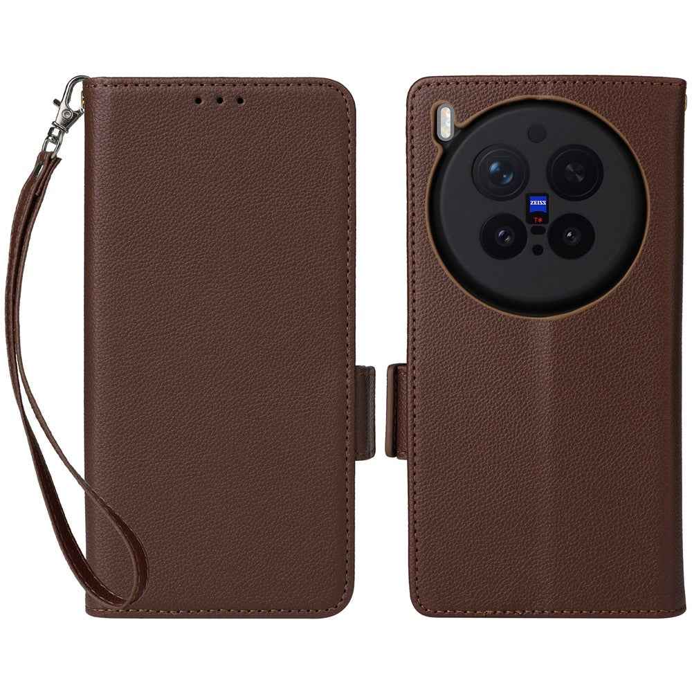For vivo X300 Pro 5G Case Litchi Texture Wallet Leather Phone Cover with Wrist Strap - Brown